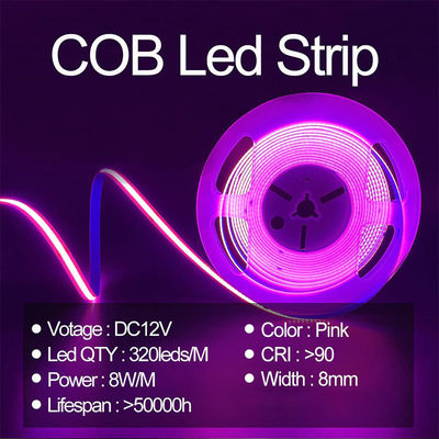 Lumière à bande LED à haute luminosité COB CE RoHs IP20 Ra90 8 mm Largeur 12V 24V 320Leds Rose
