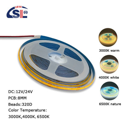 8 mm de largeur 12V 24V 3000K chaud COB LED Strip Light CE RoHs IP20 avec une durée de vie de 50000 heures