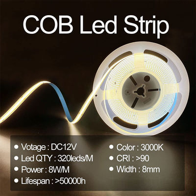 8 mm de largeur 12V 24V 3000K chaud COB LED Strip Light CE RoHs IP20 avec une durée de vie de 50000 heures
