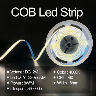 Lumière à bande LED haute luminosité COB CE RoHs IP20 8 mm Largeur 12V 24V 4000K Nature Lighting Strip