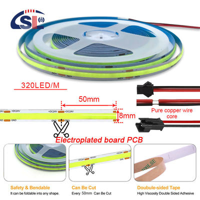 Éclairage à bande verte flexible étanche haute densité COB LED CE RoHs IP20 Ra90 8 mm Largeur 12V24V 320Leds