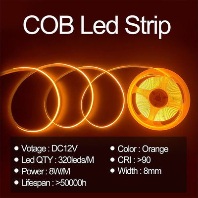 IP20 12V 24V Flexible COB Led Strip Light 8mm 320Leds Orange étanche à l'eau