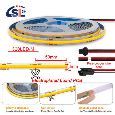 Hôtel House COB LED Strip Light CE RoHs IP20 Ra90 8 mm Largeur 12V 24V Jaune doré