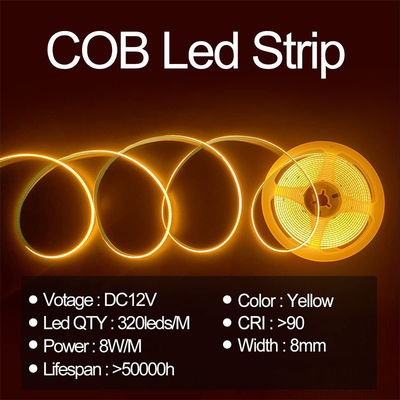 Hôtel House COB LED Strip Light CE RoHs IP20 Ra90 8 mm Largeur 12V 24V Jaune doré