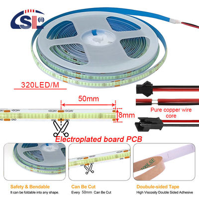 320Leds haute luminosité bleu glacé COB LED Strip Light CE RoHs IP20 8mm largeur 12V24V