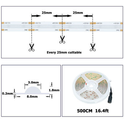 Éclairage Haute luminosité DC12V24V 480leds 8mm bleu glacé COB LED Strip Light avec 3-