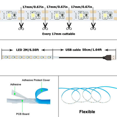 3- 120° Angle du faisceau 5v 120leds 8mm 4000K naturel Une lumière une coupe SMD2835 LED Strip Light