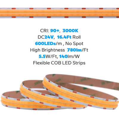 2- DC12V24V 8mm 320Leds 3000K chaud COB LED Strip Light pour le cabinet décoration de l'éclairage de la cuisine chambre à coucher