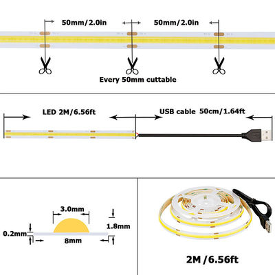 5v 320leds 8mm 6500K COB blanc LED Strip Light pour l'éclairage de la vie par commande de commutateur