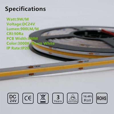Support Dimmer haute luminosité 8mm10mm 320leds 3000k-6500k COB LED Strip lumière avec 3-