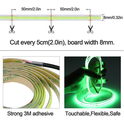 Green COB LED Strip Light 8mm 320leds 12v24v pour une longue durée de vie extérieure et intérieure