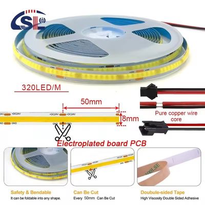 Lumière LED non imperméable à l'eau 24v COB 320Ds 8mm Ra 80 CCT Tricolore Cob