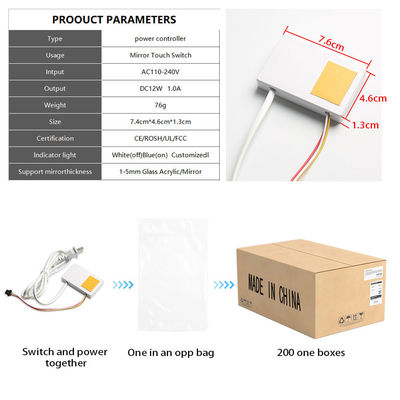 Commutateur tactile de miroir de salle de bain intelligent de 73*47*13 mm avec tension de sortie DC12V et lumière LED
