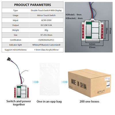 DC12V 5A 60W Affichage de la température du temps Détecteur de brouillard de lumière LED Rétroviseur tactile Capteur d'atténuation sans pas