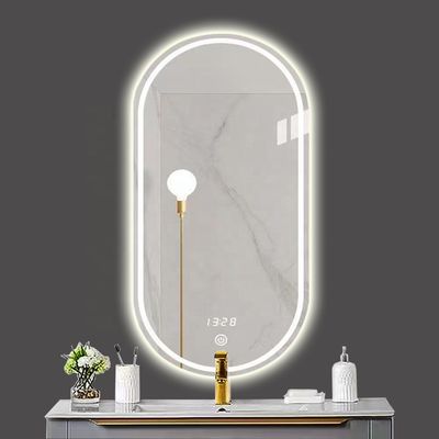 Smart LED salle de bain miroir de vanité avec toilette de bain ovale et lumières lumineuses en argent