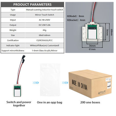 DC12V 5A 60W Lumière LED intelligente pour miroir à mercure de 1 à 6 mm Commutateur d'obscurcissement manuel