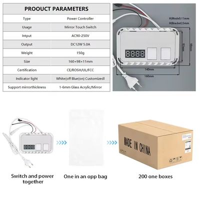 DC12V 5A 60W Capteur tactile monocouleur Commutateur LED Touch miroir avec affichage de température du temps