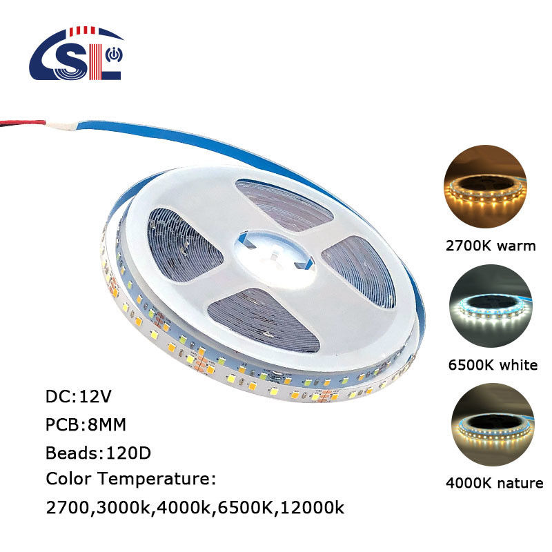 Éclairage à bande LED à haute luminosité 12V 8mm 120 leds SMD2835 avec carte CCT double face